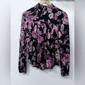 Lucky Brand Black and Pink Floral Long Sleeve Blouse